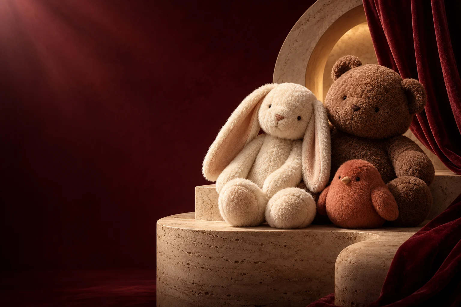 Original rabbit, bear and bird plush concepts in a burgundy velvet salon