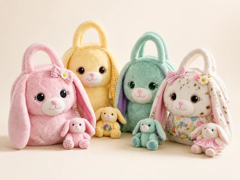 Pastel rabbit bags with coordinating plush accessories