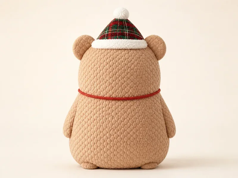 Rear view of the rounded bear cushion with ears and a red cord
